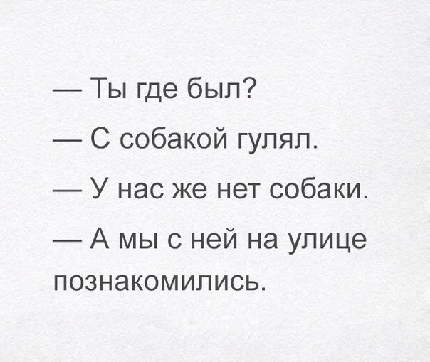 Ты где был С собакой гулял У нас же нет собаки А мыс ней на улице ПОЗНЭКОМИЛИСЬ