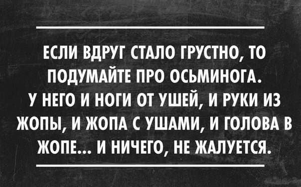ЕСЛИ ВдРУГ СТАЛО ГРУСТНО ТО ПОДУМАИГЕ ПРО ОСЬМИНОГА У НЕГО И НОГИ ОТ УШЕИ И РУКИ ИЗ ЖОПЫ И ЖОПА С УШАМИ И ГОЛОВА В ЖОПЕ И НИЧЕГО НЕ ЖАЛУЕТСЯ