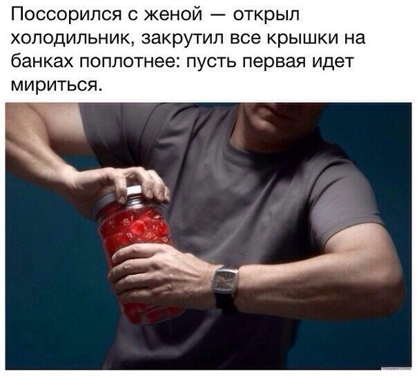Поссорился с женой открыл холодильник закрутил все крышки на банках поплотнее пусть первая идет мириться