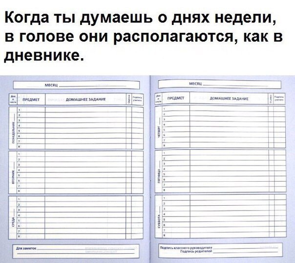 Когда ты думаешь о днях недели в голове они располагаются как в дневнике
