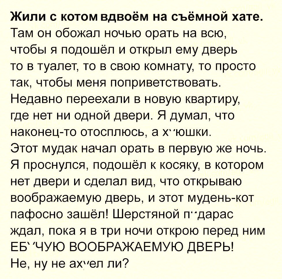 Жили с котом вдвоём на съёмной хате Там он обожал ночью орать на всю чтобы я подошёл и открыл ему дверь то в туалет то в свою комнату то просто так чтобы меня поприветствовать Недавно переехали в новую квартиру где нет ни одной двери Я думал что наконец то отосплюсь а ХЮШКИ Этот мудак начал орать в первую же ночь Я проснулся подошёл к косяку в котором нет двери и сделал вид что открываю воображаем