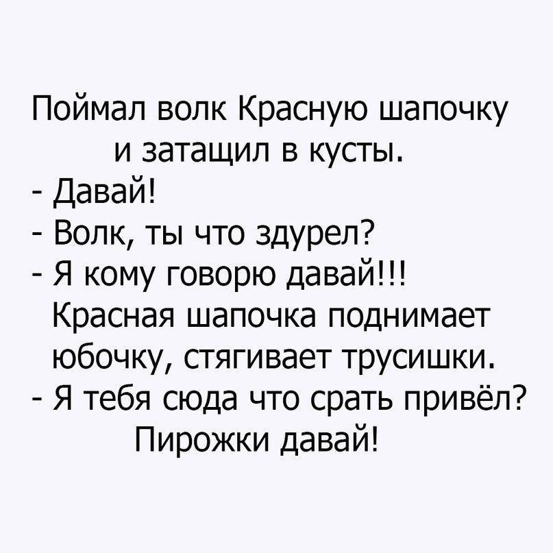 Поймал волк Красную шапочку и затащил в кусты Давай Волк ты что ЗДУрел Я кому говорю давай Красная шапочка поднимает юбочку стягивает трусишки Я тебя сюда что срать привёл Пирожки давай