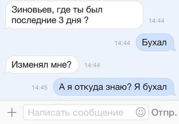 Зиновьев где ты был последние 3 дня Бухал Изменял мне А я откуда знаю Я бухал Отпр