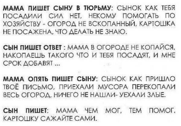 МАМА ПИШЕТ СЫНУ В ТЮРЬМУ СЫНОК КАК ТЕБЯ ПОСААИАИ СИА НЕТ НЕКОМУ ПОМОГАТЬ ПО ХОЗЯЙСТВУ ОГОРОА НЕ ВСКОПАННЫЙ КАРТОШКА НЕ ПОСАЖЕНА ЧТО АЕААТЬ НЕ ЗНАЮ СЫН ПИШЕ ОТВЕТ МАМА В ОГОРОАЕ НЕ КОПАЙСЯ НАКОПАЕШЬ ТАКОГО ЧТО И ТЕБЯ ПОСААЯТ И МНЕ СРОК АОБАБЯТ МАМА опять ПИШЕГ СЫНУ СЫНОК КАК ПРИШАО ТВОЁ ПИСЬМО ПРИЕХААИ МУСОРА ПЕРЕКОПААИ ВЕСЬ ОГОРОД НИЧЕГО НЕ НАШИ УЕХААИ ЗАЫЕ СЫН ПИШЕТ МАМА ЧЕМ МОГ ТЕМ ПОМОГГ КАРТОШ
