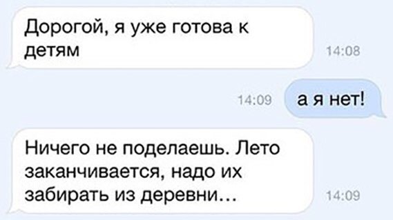 дорогой я уже готова к детям а я нет Ничего не поделаешь Лето заканчивается надо их забирать из деревни