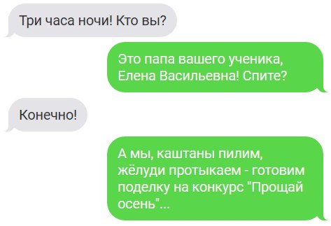 Три часа ночи Кто вы Это папа вашего ученика Елена Васильевны Спите Конечно А мы каштаны пипим жепуди протыкаем готовим поделку на конкурс Прощай осень
