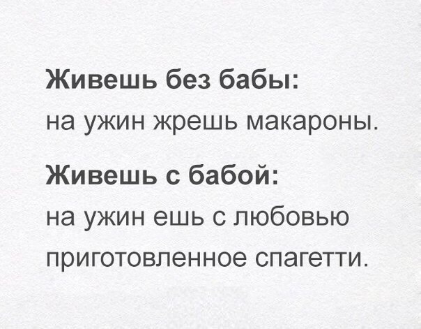 Живешь без бабы на ужин жрешь макароны Живешь с бабой на ужин ешь с любовью приготовленное спагетти