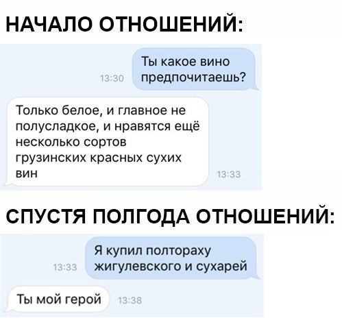 НАЧАЛО ОТНОШЕНИЙ Ты какое вино предпочитаешь Только белое и главное не полусладкое и нравятся ещё несколько сортов грузинских красных сухих вин СПУСТЯ ПОП ГОДА ОТНОШЕНИЙ Я купил полтораху жигупевского и сухарей Ты мой герой
