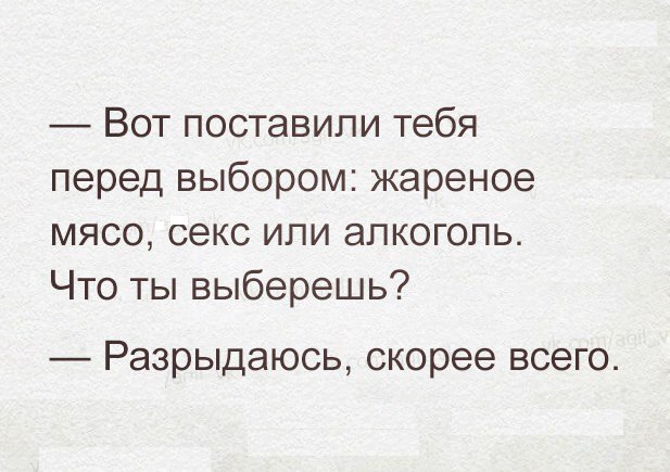 Вот поставили тебя перед выбором жареное мясо секс ипи алкоголь Что ты выберешь Разрыдаюсь скорее ВСЕГО