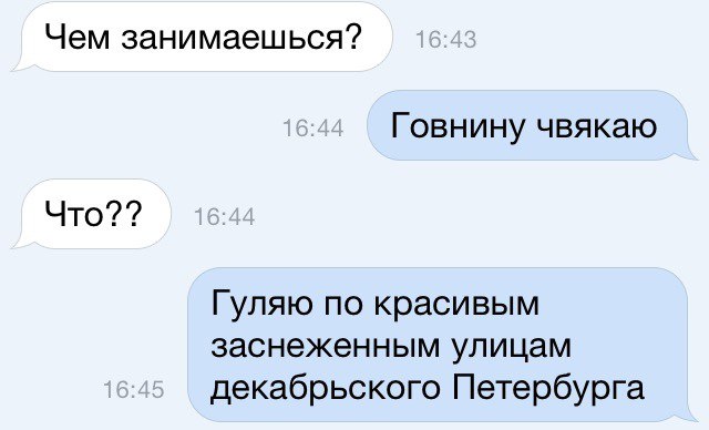 Чем занимаешься Говнину чвякаю Что Гуляю по красивым заснеженным улицам декабрьского Петербурга