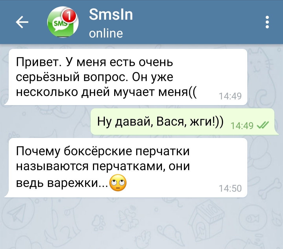 Привет У меня есть очень серьёзный вопрос Он уже несколько дней мучает меня 1449 Ну давай Вася жги 1449 Почему боксёрские перчатки называются перчатками они ведь варежки 1450