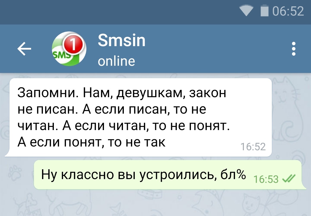 Запомни Нам девушкам закон не писан А если писан то не читан А если читан то не понят А если понят то не так Ну классно вы устроились бло 1653