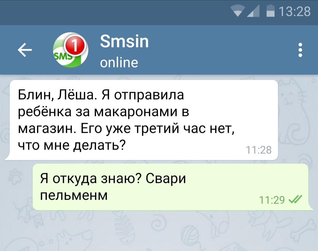 Блин Лёша Я отправила ребёнка за макаронами в магазин Его уже третий час нет что мне делать Я откуда знаю Свари пельменм 1129