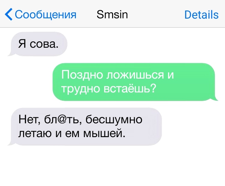 Сообщения Зтвіп Ветаііэ Я сова Поздно ложишься и трудно встаёшь Нет блть бесшумно летаю и ем мышей