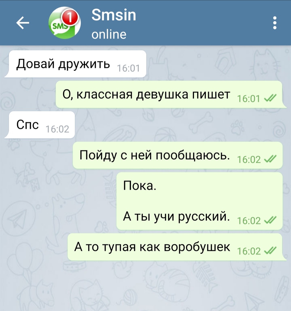 Довай дружить О классная девушка пишет у СПС 1602 Пойду с ней пообщаюсь 1602 Пока А ты учи русский 1602 у А то тупая как воробушек 1602 _