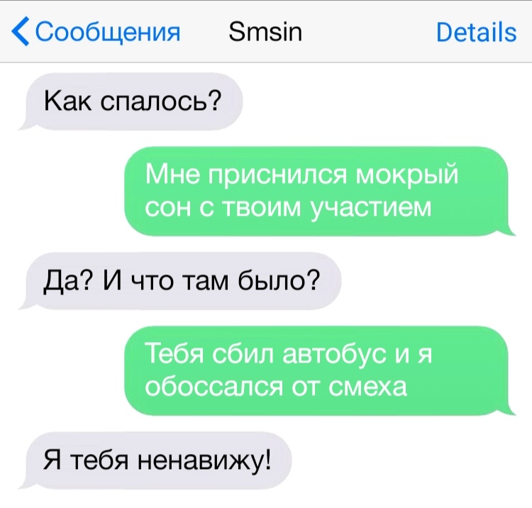 Сообщения Зтзіп Ветаііз Как спалось Мне приснился мокрый СОН С ТВОИМ участием Да И что там было Тебя сбил автобус и я обоссался от смеха Я тебя ненавижу