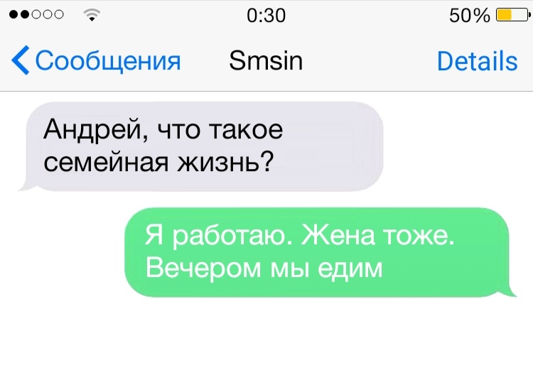 00000 030 50 П Сообщения Зтзіп Ветаііз Андрей что такое семейная жизнь Я работаю Жена тоже Вечером мы едим