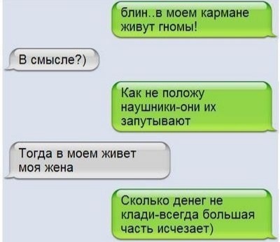 блинв моем кармане 3 живут гномы _ В смысле Как не положу наушникиони их запугьшают Тогда в моем живет МОЯ жена Скопько денег не 1 кладичвсегда большая часть исчезает