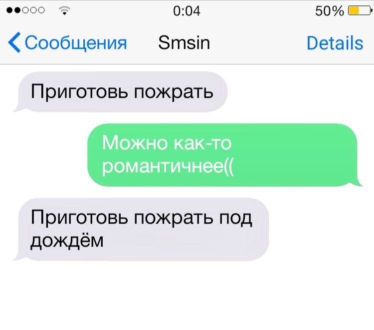 пооо 004 50 Э Сообщения Зтзіп Ветаііз Приготовь пожрать Можно как то романтичнее Приготовь пожрать под дождём