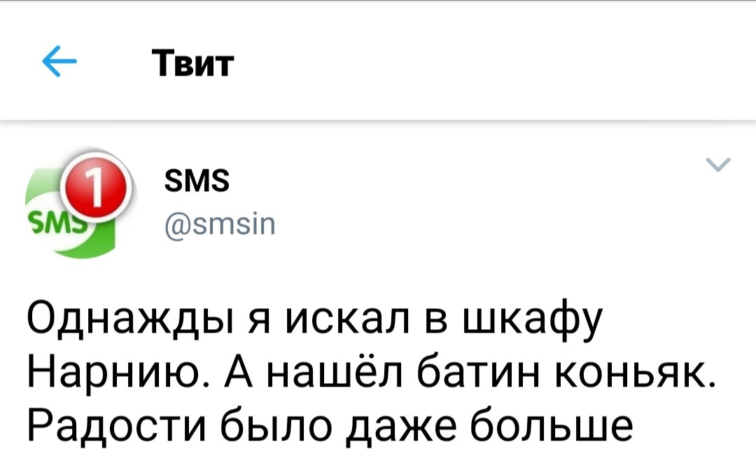 Твит змз МЬ зтзіп Однажды я искал в шкафу Нарнию А нашёл батин коньяк Радости было даже больше