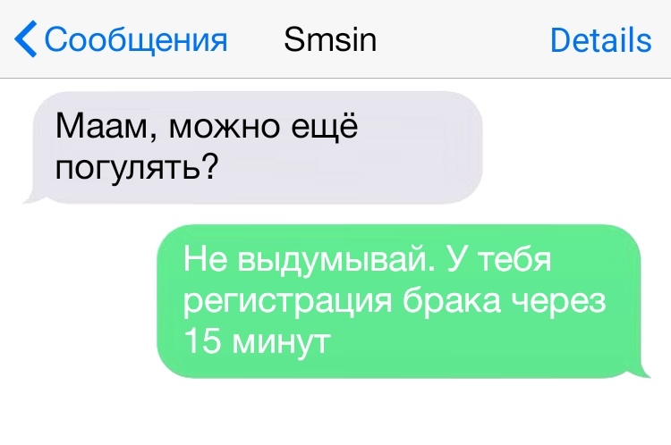 Сообщения Зтвіп Ветаііэ Маам можно ещё погулять Не выдумывай У тебя регистрация брака через 15 минут