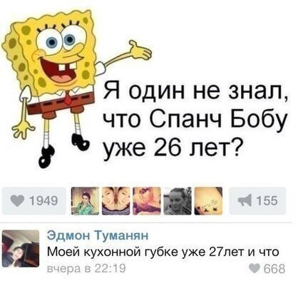 г что Спанч Бобу уже 26 лет тщаиивт Эдмон Туманин _ Моей кухонной губке уже 27пет и что