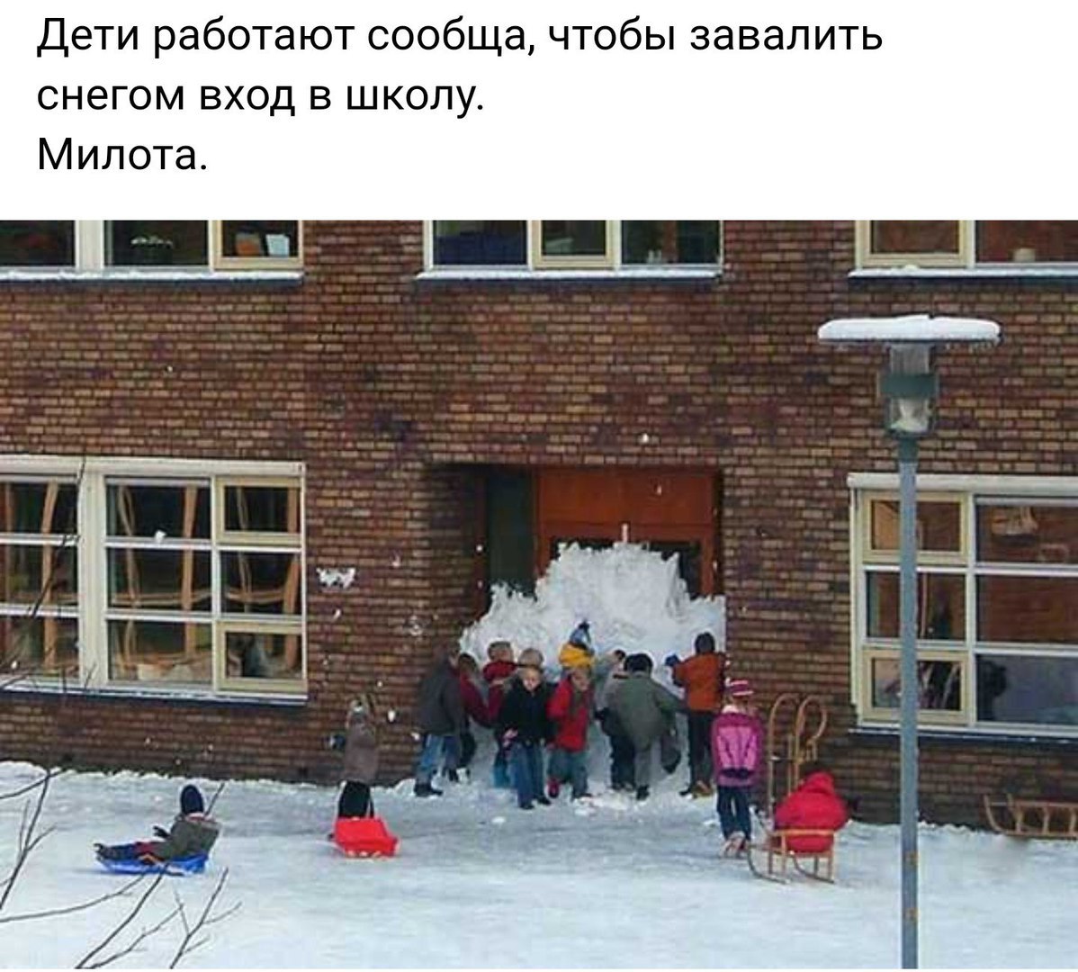 Дети работают сообща чтобы завалить снегом вход в школу Милота