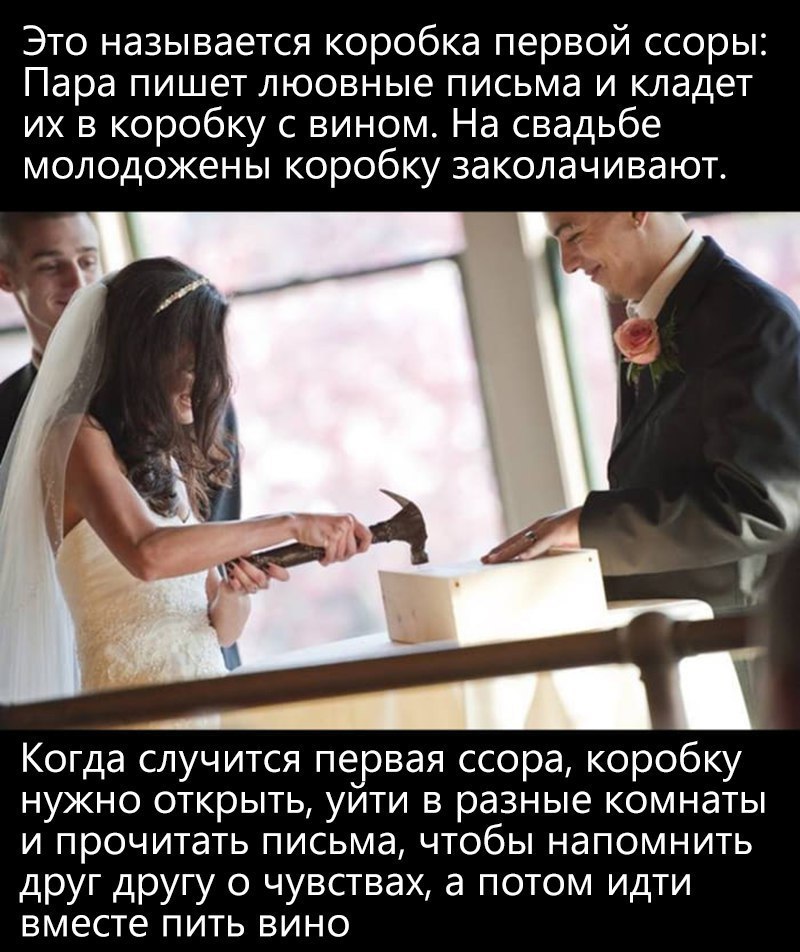 Это называется коробка первой ссоры Пара пишет люовные письма и кладет их в коробку с вином На свадьбе молодожены коробку заколачивают Когда случится первая ссора коробку нужно открыть уити в разные комнаты и прочитать письма чтобы напомнить друг другу о чувствах а потом идти вместе пить вино