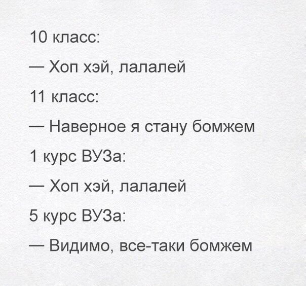 10 класс Хоп хэй папапей 11 класс Наверное я стану бомжем 1 курс ВУЗа Хоп хэй лапапей 5 курс ВУЗа Видимо всетаки бомжем