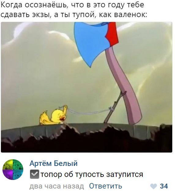 Когда осознаёшь что в это году тебе сдавать экзы а ты тупой как валенок Артём Белый топор об тупость затупится Ответить 34