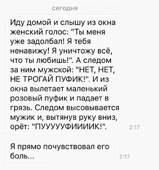 Иду домой и слышу из окна женский голос Ты меня уже задолбал Я тебя ненавижу Я уничтожу всё что ты любишьі А следом за ним мужской НЕТ НЕТ НЕ ТРОГАЙ ПУФИК И из окна вылетает маленький розовый пуфик и падает в грязь Следом высовывается мужик и вытянув руку вниз орёт ПУУУУУФИИИИК Я прямо почувствовал его боль