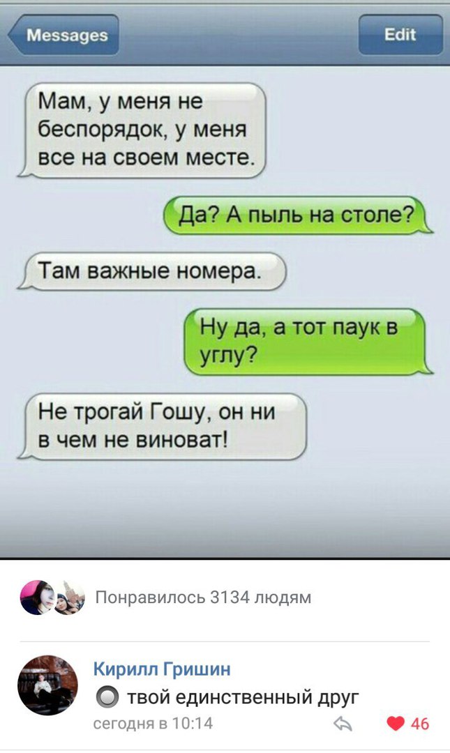 Меэзазеэ Мам у меня не беспорядок у меня все на своем месте Не трогай Гошу он ни в чем не виноват Понравилось 3134 людям Кирилл Гришин сегодня 51014 46
