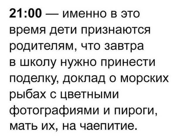 2100 именно в это время дети признаются родителям что завтра в школу нужно принести поделку доклад о морских рыбах с цветными фотографиями и пироги мать их на чаепитие