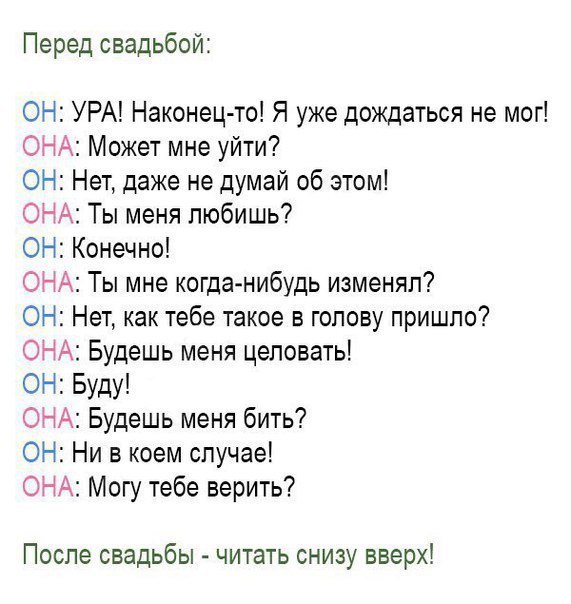Перед свадьбой ОН УРА Наконец то Я уже дождаться не мог ОНА Может мне уйти ОН Нет даже не думай об этом ОНА Ты меня любишь ОН Конечно ОНА Ты мне когда нибудь изменял ОН Нет как тебе такое в голову пришло ОНА Будешь меня целовать ОН Буду ОНА Будешь меня бить ОН Ни в коем случае ОНА Могу тебе верить После свадьбы читать снизу вверх