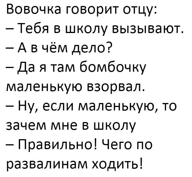 Вовочка говорит отцу Тебя в школу вызывают Авчём дело Да я там бомбочку маленькую взорвал Ну если маленькую то зачем мне в школу Правильно Чего по развалинам ходить