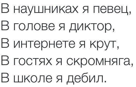 В наушниках я певец В голове я диктор В интернете 91 крут В гостях я окромняга В школе я дебил