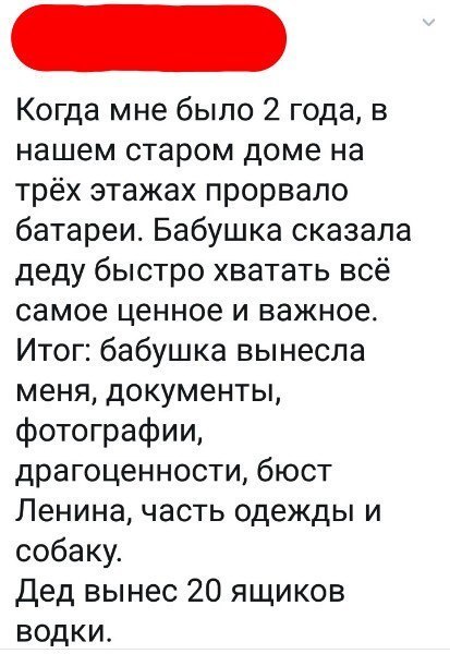 Когда мне было 2 года в нашем старом доме на трёх этажах прорвало батареи Бабушка сказала деду быстро хватать всё самое ценное и важное Итог бабушка вынесла меня документы фотографии драгоценности бюст Ленина часть одежды и собаку Дед вынес 20 ящиков водки