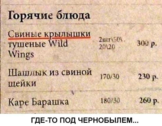 Горячие блюда Свиные кв 2 тушеные с 23 300 р іпвз Шашлык из свинои подо 230 Р щеики Каре Барашка 130130 160 р ГДЕ ТО ПОД ЧЕРНОБЫЛЕМ