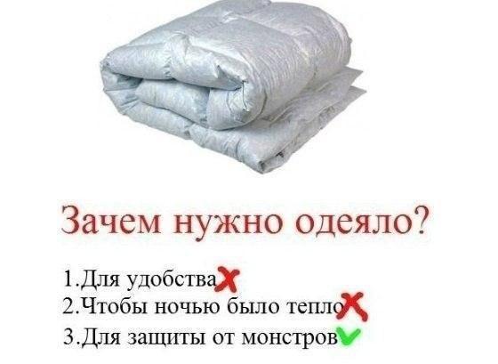Зачем нужно одеяло 1Для удобспщх 2Чтобы ночью бьшо тепл 3_Для защиты от монстре