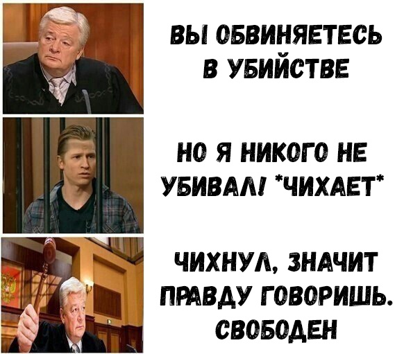ВЫ ОБВИНЯЕТЕСЬ В УБИИСТВЕ НО Я НИКОГО НЕ УБИВАМ ЧИХАЕТ ЧИХНУА ЗНАЧИТ _ ПРАВДУ Г ОВОРИШЬ СВОБОАЕН