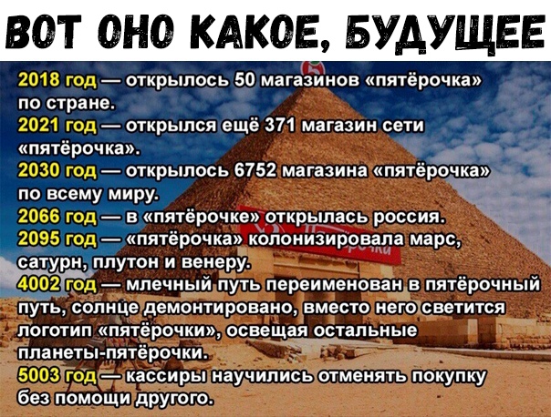 В Т ОНО КАКОБ БУДУЩЕЕ 2018 год открылось 50 магазинов пятёрочка по стране 2021 год открылся ещё 371 магазин сети пятёрочка 2030 год открылось 6752 магазина пятёрочка по всему миру 2066 год в пятёрочке открылась россия 2095 год пятёрочкачкопонизировапа марс сатурн плутон и венеру 4002 год млечный путь переименованв пятёрочный путь солнце демонтировано вместо негоісветится логотип пятёрочки освещая 