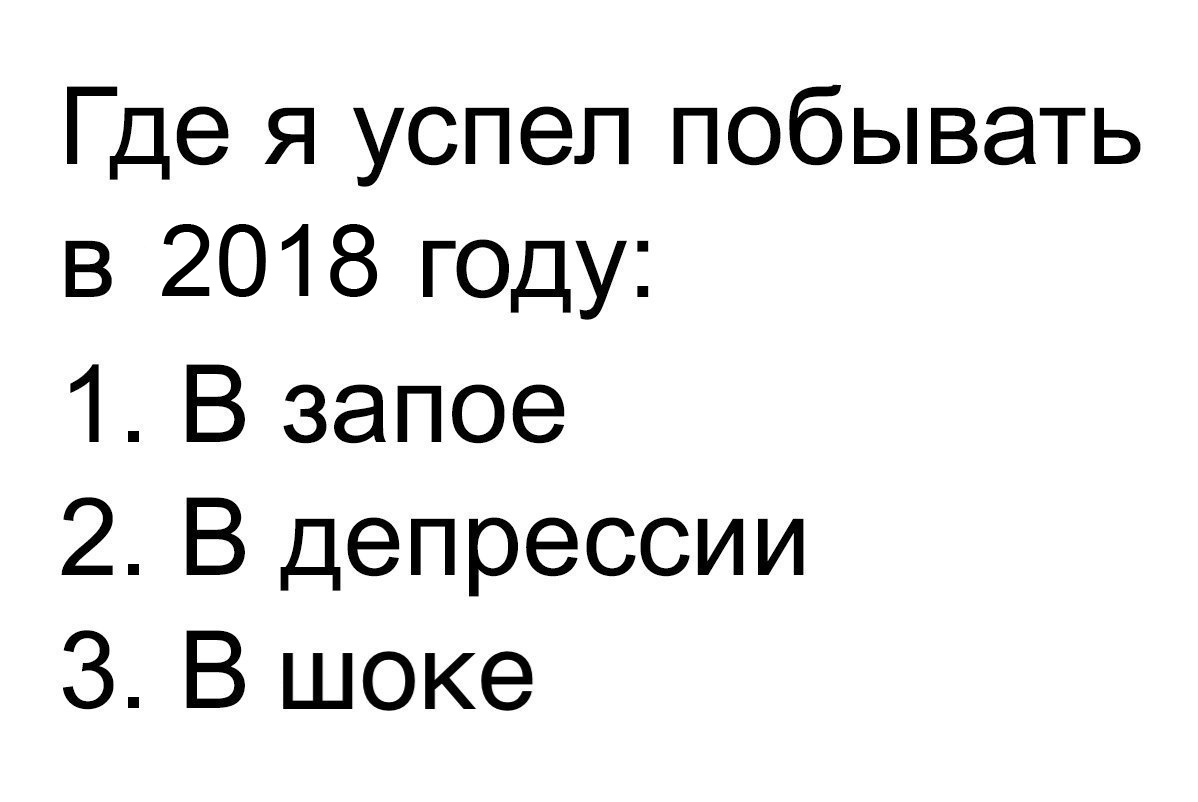 Где я успел побывать в 2018 году 1 В запое 2 В депрессии З В шоке