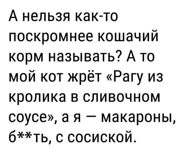 А нельзя как то поскромнее кошачий корм называть А то мой кот жрёт Рагу из кролика в сливочном соусе а я макароны бть с сосиской