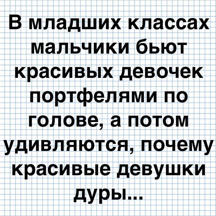 В младших классах мальчики бьют красивых девочек портфелями по голове а потом удивляются почему красивые девушки дуры