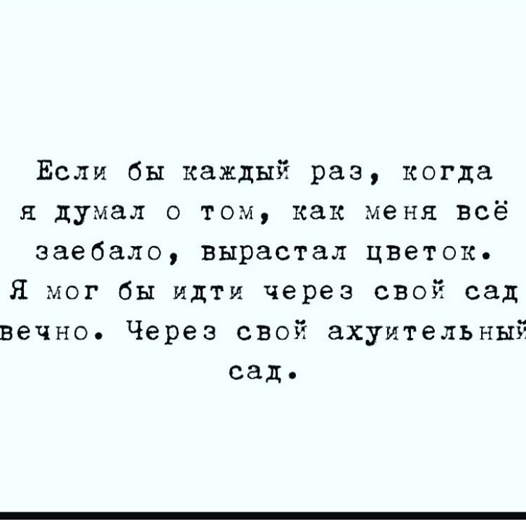 Если бы каждый раз когда я думал о том как меня всё заебало вырастал цветок Я мог бы идти через свой сад вечно Через свой ахуительный сад