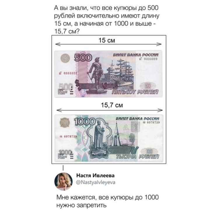 А вы знали что все купюры до 500 рублей включительно имеют длину 15 см а начиная от 1000 и выше 157 см 35 Настя Импи Мавуаеуеуа Мне кажется все купюры до 1000 НУЖНО запретить