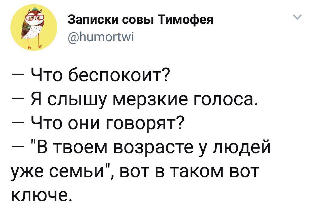 дц Записки совы Тимофея Ьцтогсші Что беспокоит Я слышу мерзкие голоса Что они говорят В твоем возрасте у людей уже семьи вот в таком вот ключе