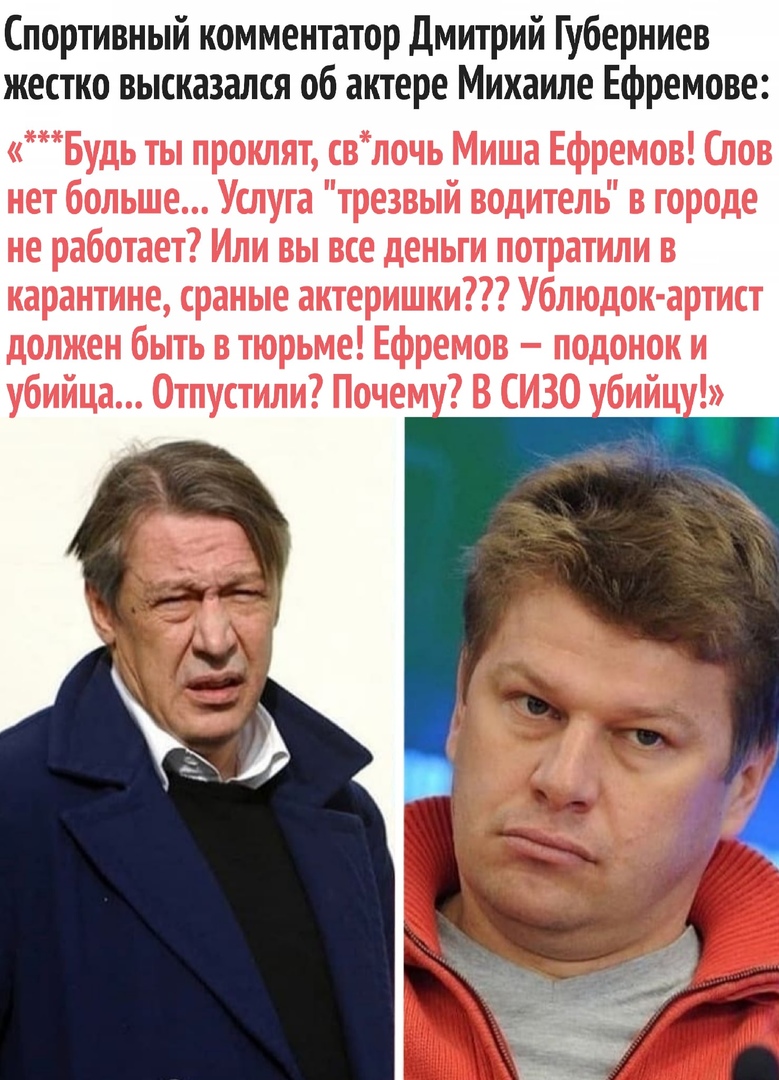 Спортивный комментатор Дмитрий Губерниев жестко высказался об актере Михаиле Ефремове