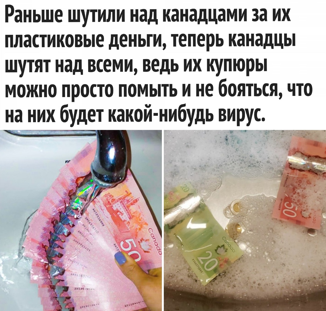 Раньше шутили над канадцами за их пластиковые деньги теперь канадцы шутят над всеми ведь их купюры можно просто помыть и не бояться что на них будет какой нибудь вирус