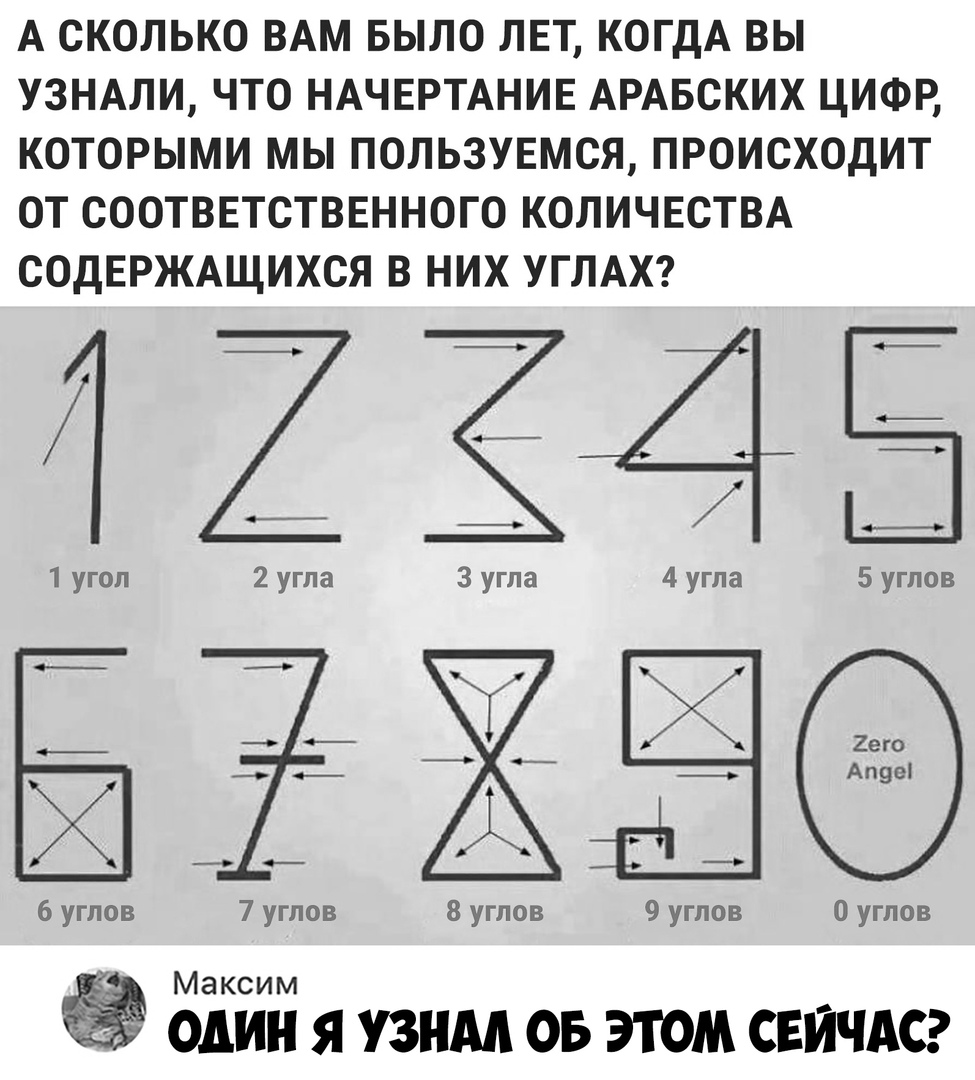 А СКОЛЬКО ВАМ БЫЛО ЛЕТ КОГДА ВЫ УЗНАЛИ ЧТО НАЧЕРТАНИЕ АРАБСКИХ ЦИФР КОТОРЫМИ МЫ ПОЛЬЗУЕМСЯ ПРОИСХОДИТ ОТ СООТВЕТСТВЕННОГО КОЛИЧЕСТВА СОДЕРЖАЩИХСЯ В НИХ УГЛАХ 2его Апуе 6 углов 7 углов 8 углов 9 углов 0 углов Максим один я узнм ов этом свичдсг